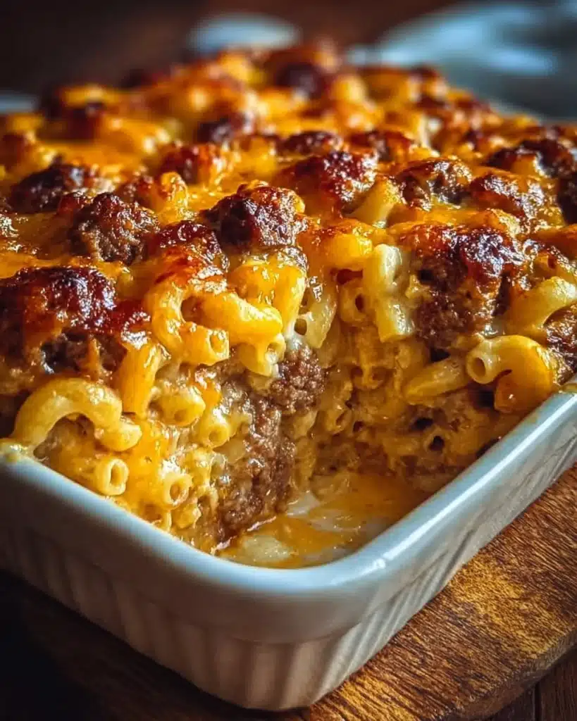 Delicious Mac and Cheese Meatloaf casserole topped with cheesy goodness.