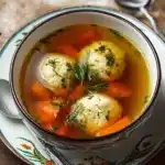A bowl of homemade Matzo Ball Soup with fresh herbs and matzo balls.