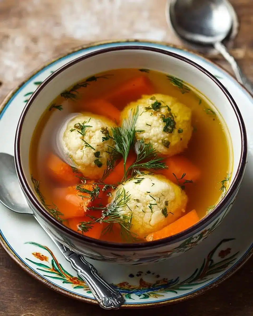 A bowl of homemade Matzo Ball Soup with fresh herbs and matzo balls.