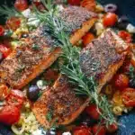 Plate of Mediterranean Salmon garnished with herbs and vegetables
