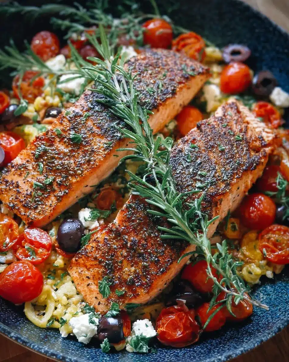 Plate of Mediterranean Salmon garnished with herbs and vegetables