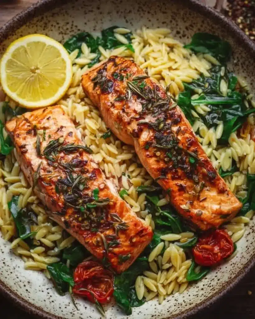 Plate of Mediterranean Salmon served with lemon orzo and fresh herbs.