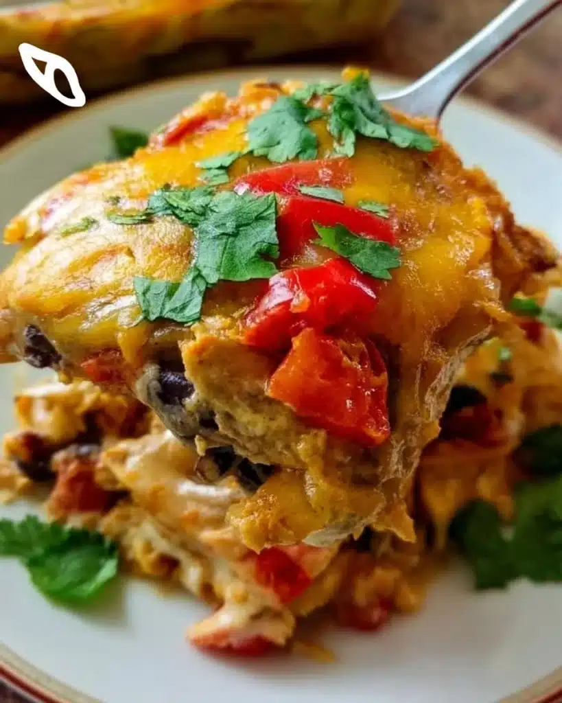Delicious Mexican Chicken Casserole topped with cheese and spices