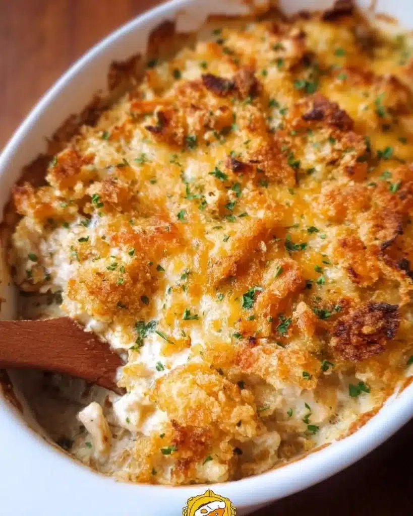 Delicious Million Dollar Chicken Casserole topped with cheese and herbs