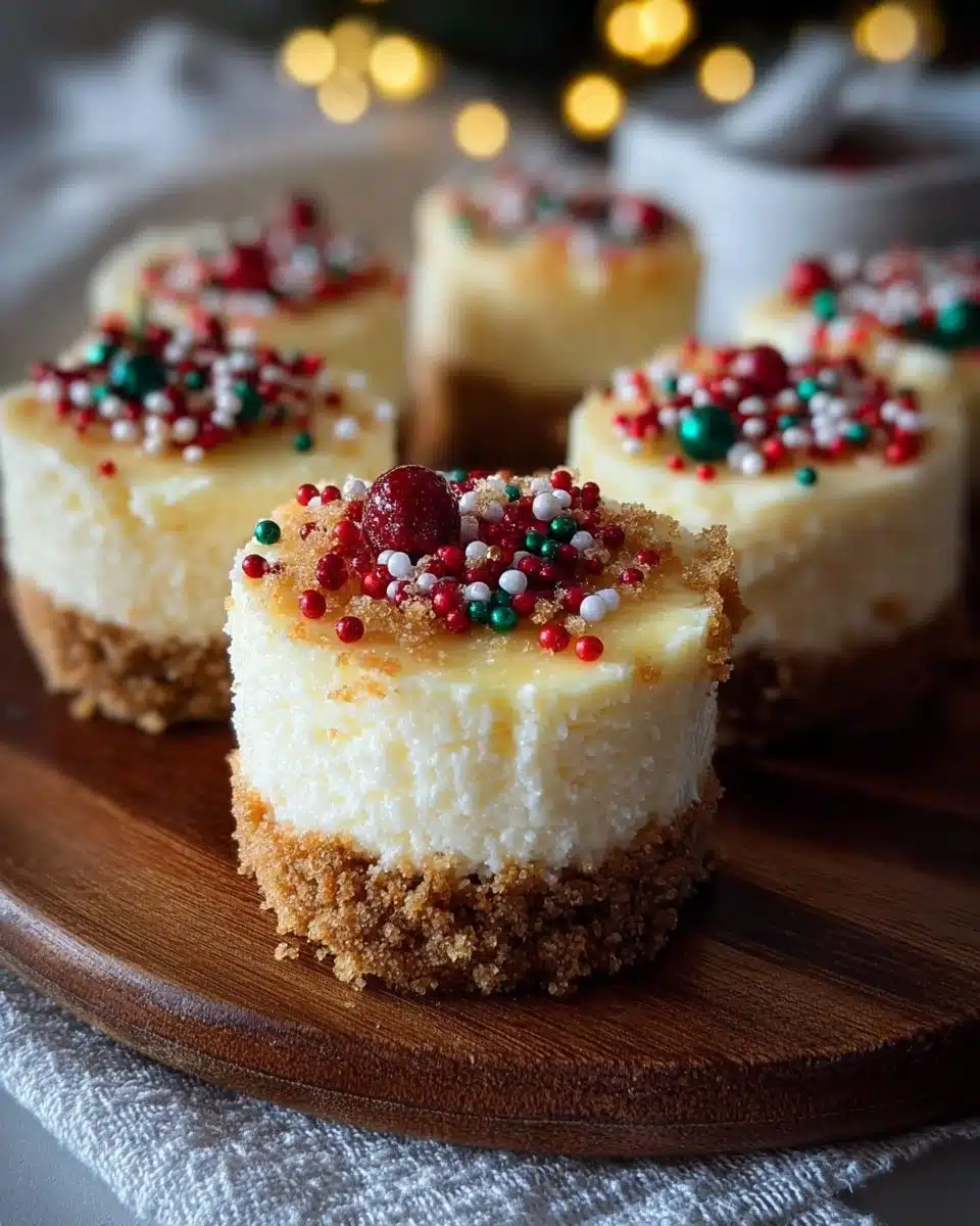Delicious mini Christmas cheesecakes topped with holiday decorations