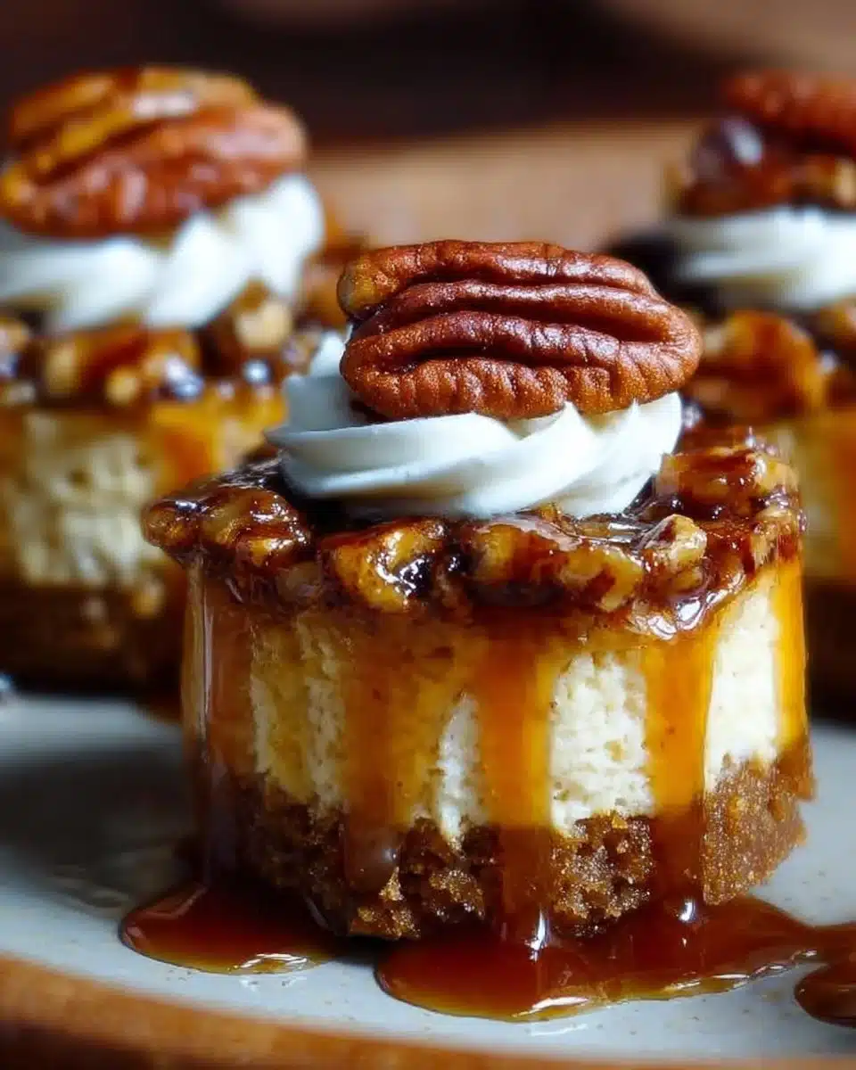 Mini pecan pie cheesecakes topped with caramel and pecans on a dessert plate.