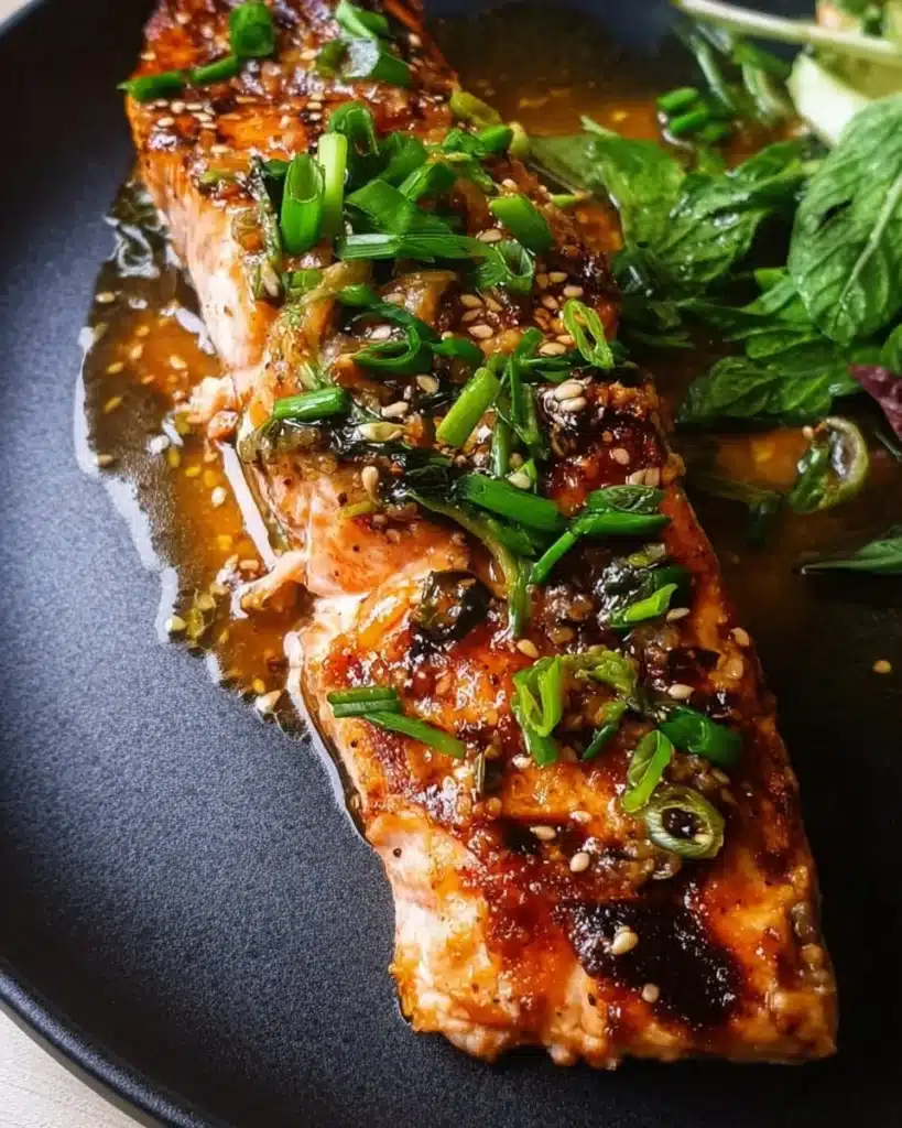 Delicious miso butter salmon fillet garnished with herbs and served on a plate.