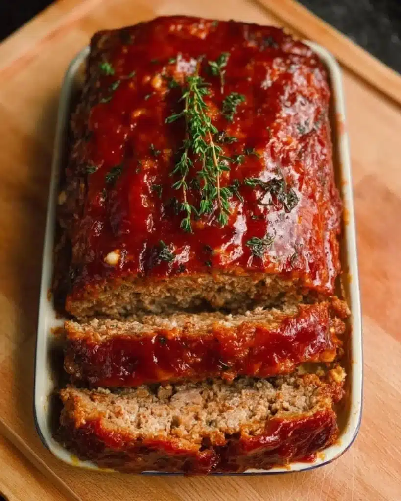 Delicious Mom's Best Meatloaf served with mashed potatoes and green beans
