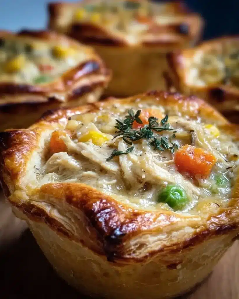 Muffin tin filled with homemade chicken pot pies, perfect bite-sized comfort food.