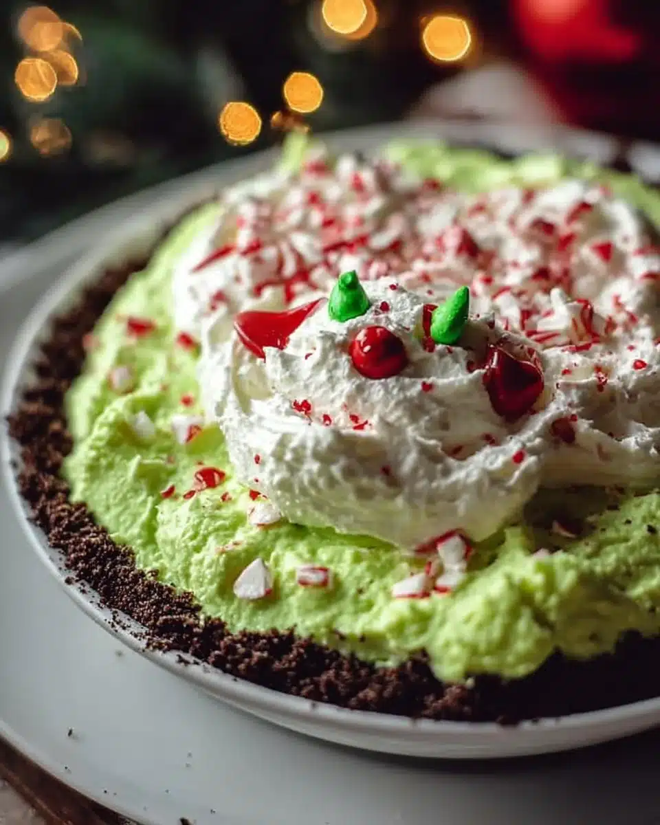 No Bake Grinch Pie decorated for the holidays