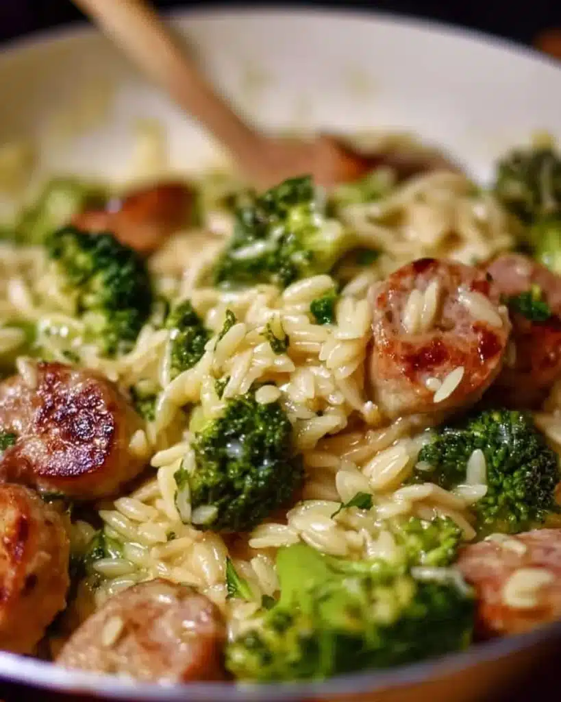 One-Pan Creamy Orzo with Chicken Sausage and Broccoli dish