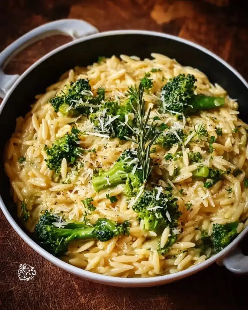 One Pot Broccoli Cheese Orzo with creamy cheese sauce and fresh broccoli
