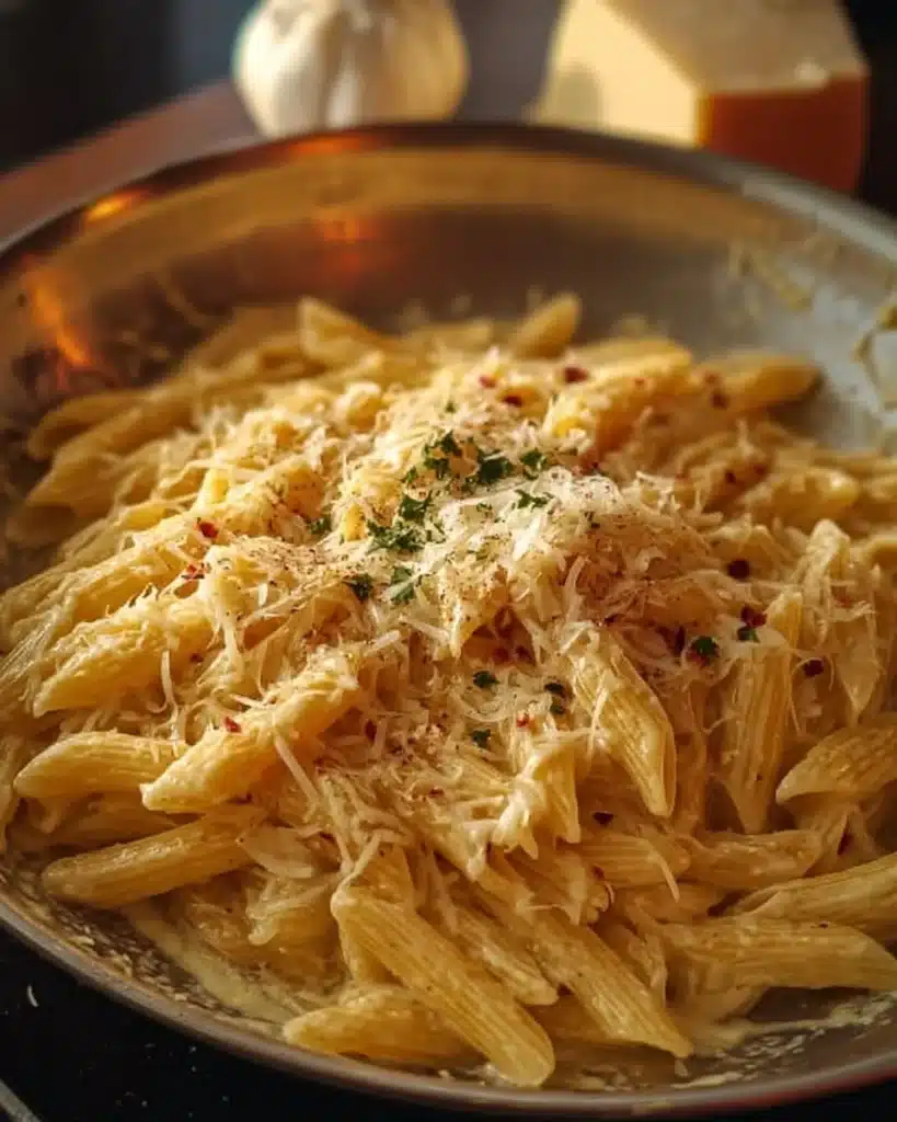 Bowl of one pot creamy garlic pasta with fresh herbs and garlic cloves