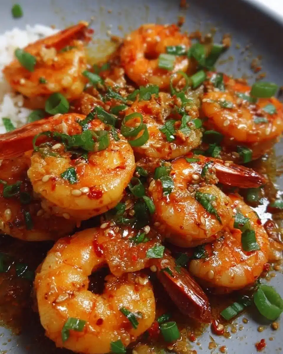 Plate of orange chili garlic shrimp garnished with fresh herbs