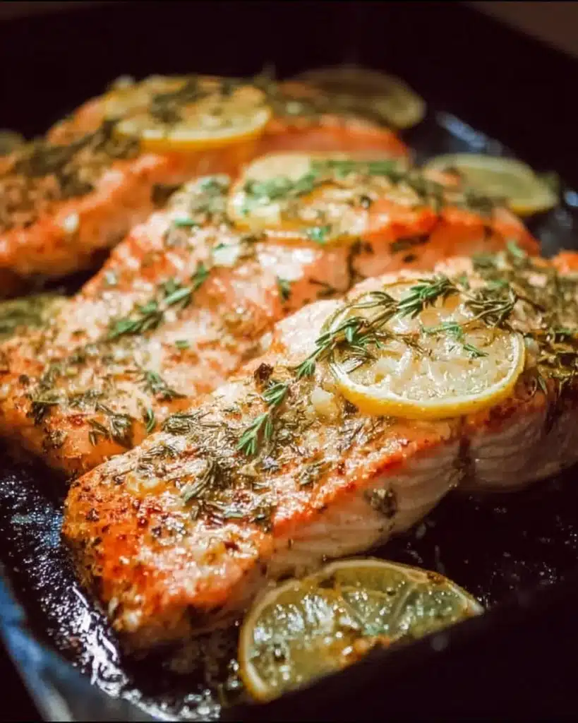 Delicious oven roasted salmon garnished with herbs on a white plate