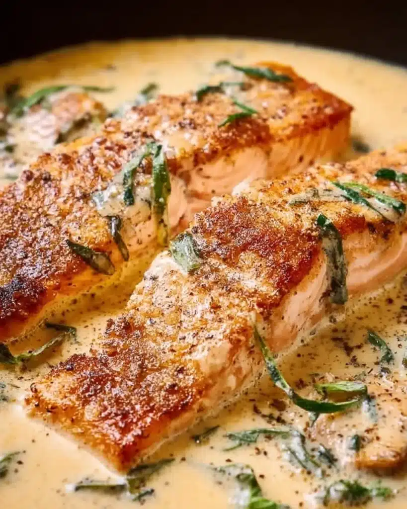 Pan Seared Salmon fillet served with Parmesan Cream Sauce on a plate