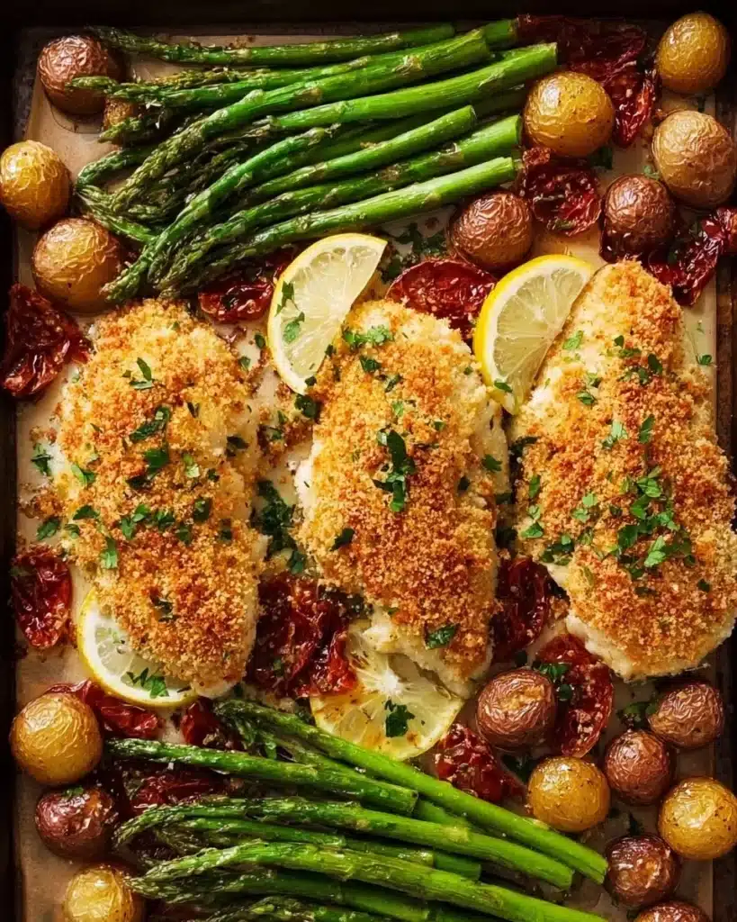 Parmesan Crusted Chicken Sheet Pan Dinner with vegetables
