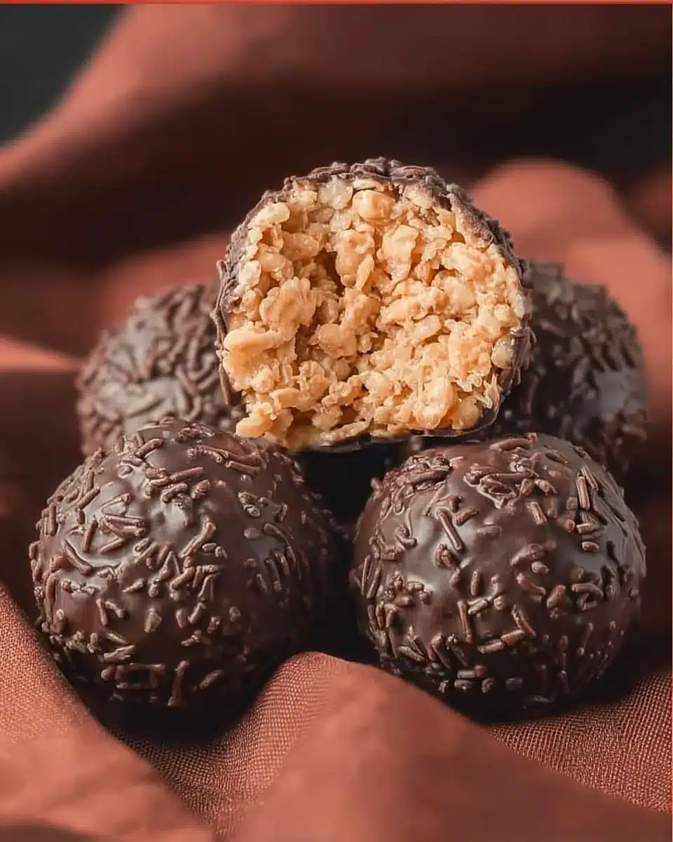 Peanut butter balls with Rice Krispies coated in chocolate.