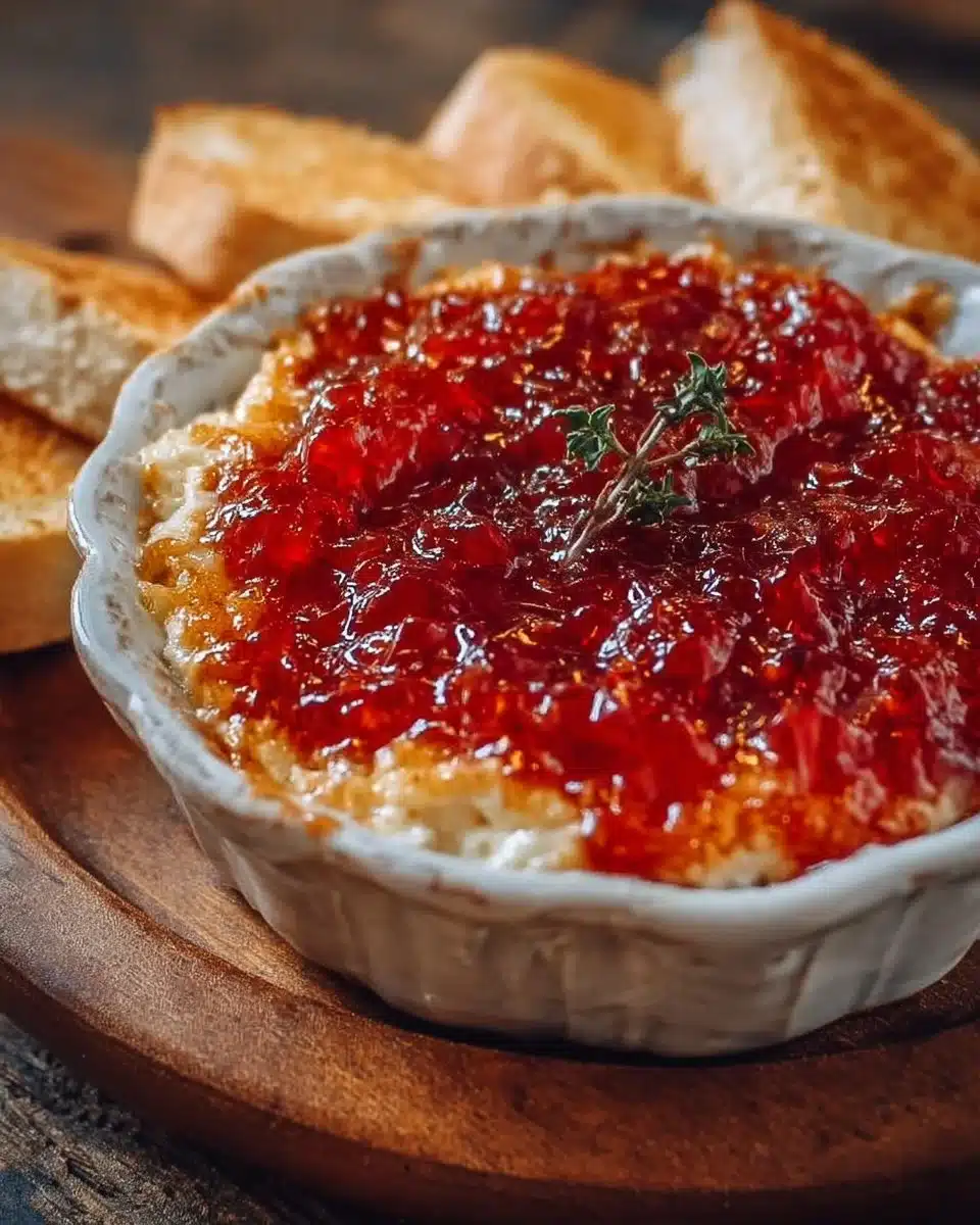 Delicious pepper jelly cheese dip served with crackers and vegetables