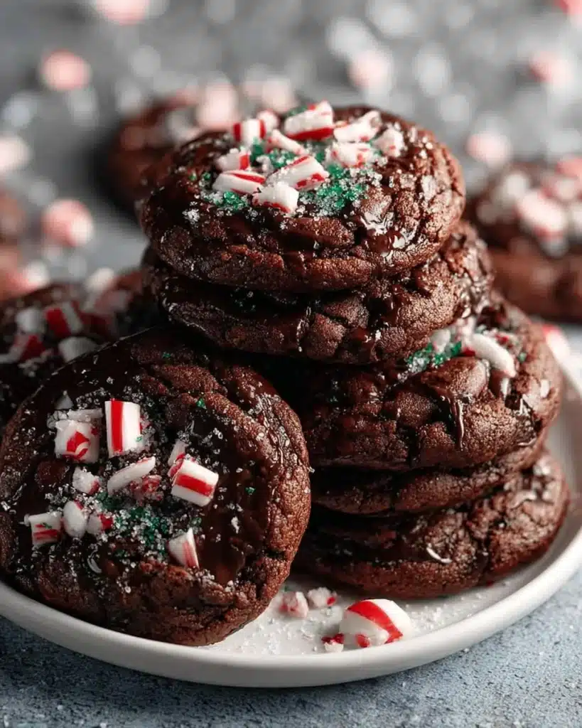 Delicious peppermint brownie cookies topped with chocolate and peppermint.
