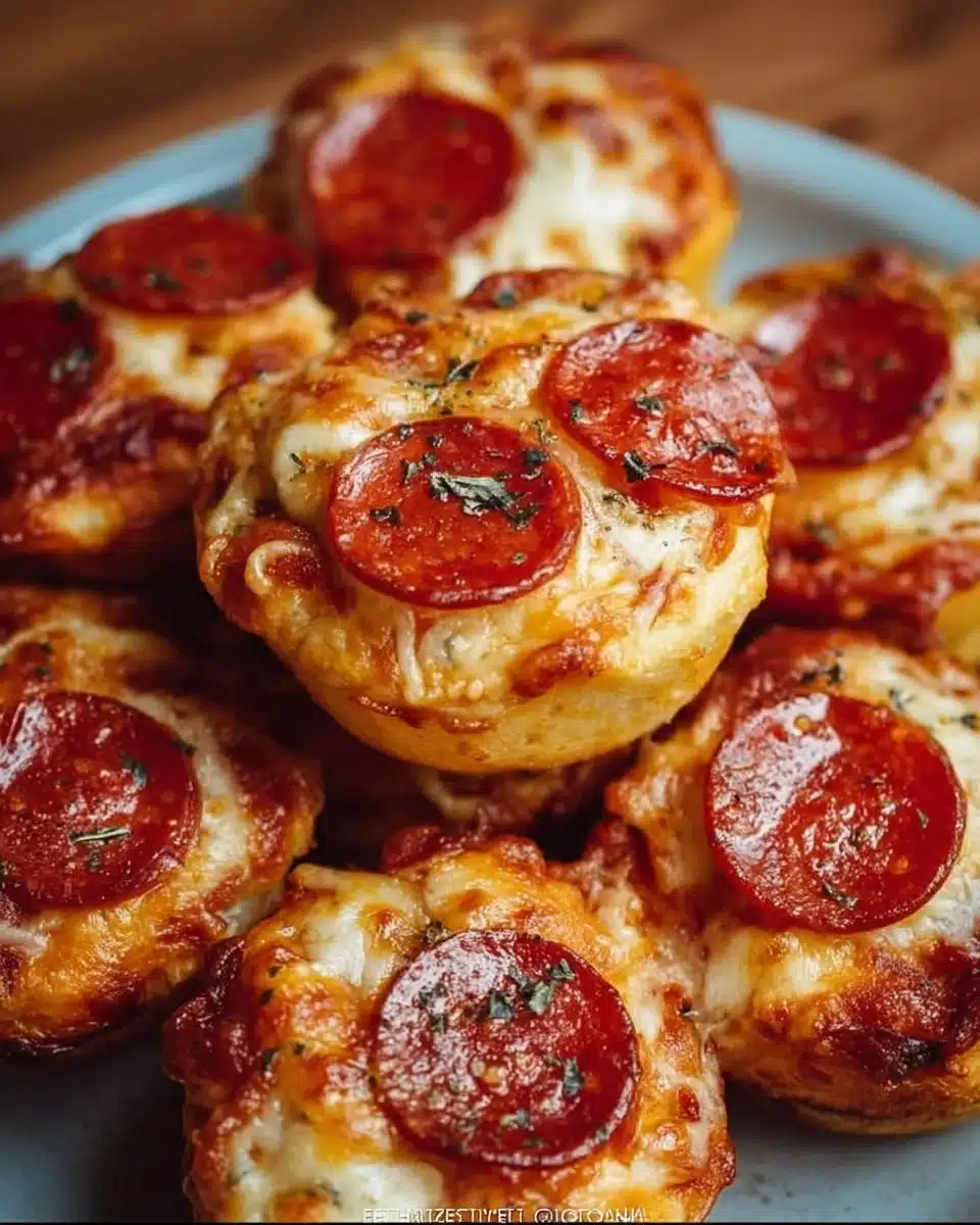 Pepperoni pizza bites on a plate with melted cheese and herbs