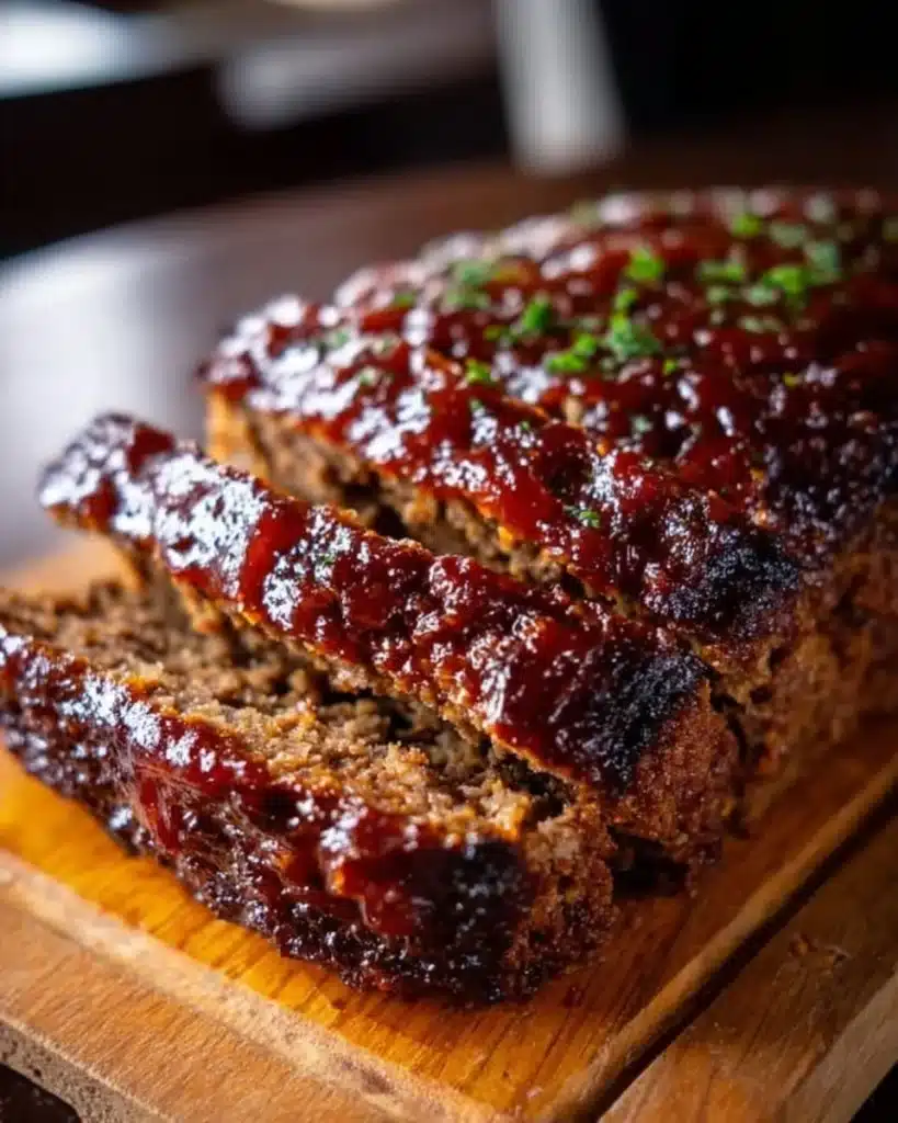 Delicious brown sugar meatloaf served with vegetables and sauce