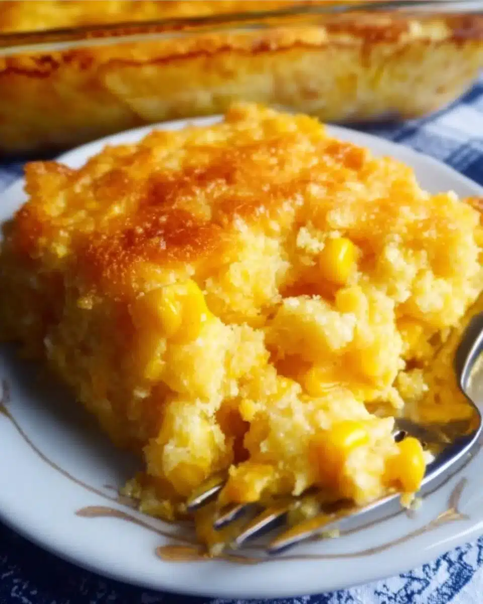 Delicious sweet corn casserole dish served at Thanksgiving dinner
