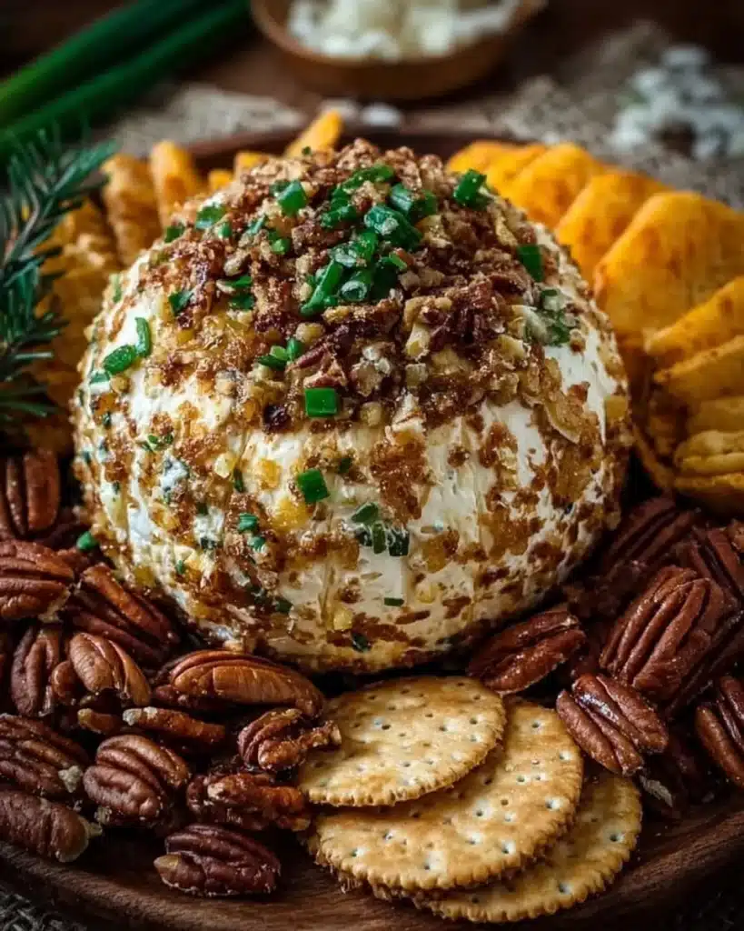 Pineapple Pecan Cheese Ball served on a platter with crackers and fruit.
