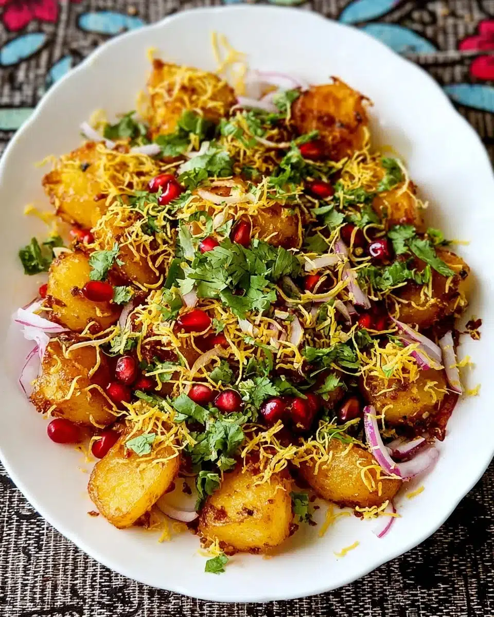 Plate of spicy and tangy Potato Chaat served with chutneys and garnishes