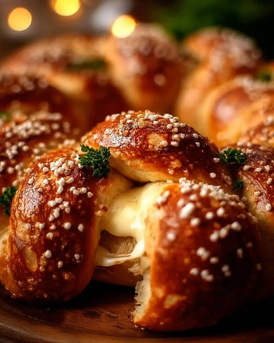 Festive pretzel wreath decorated with colorful toppings and holiday accents.