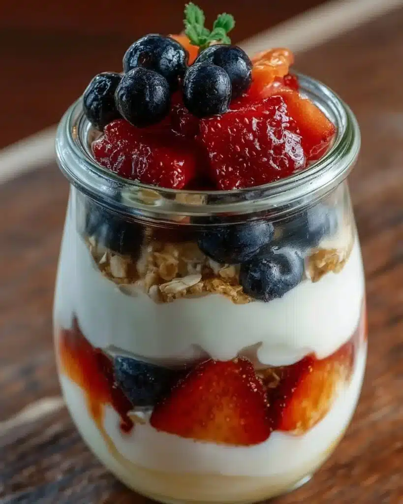 Healthy Protein Yogurt Parfait with fruits and granola served in a glass