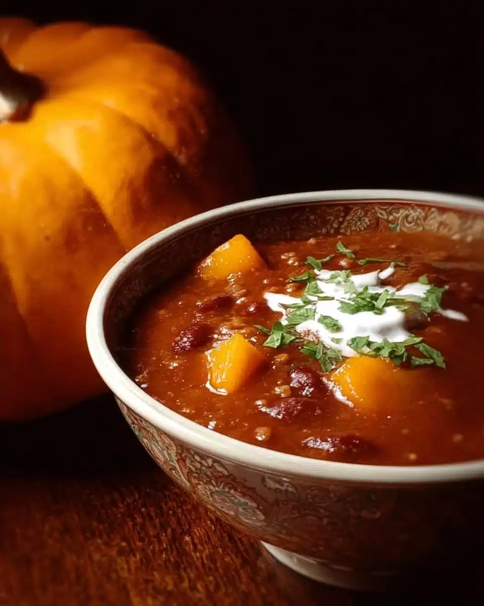 A bowl of hearty pumpkin chili topped with herbs and spices