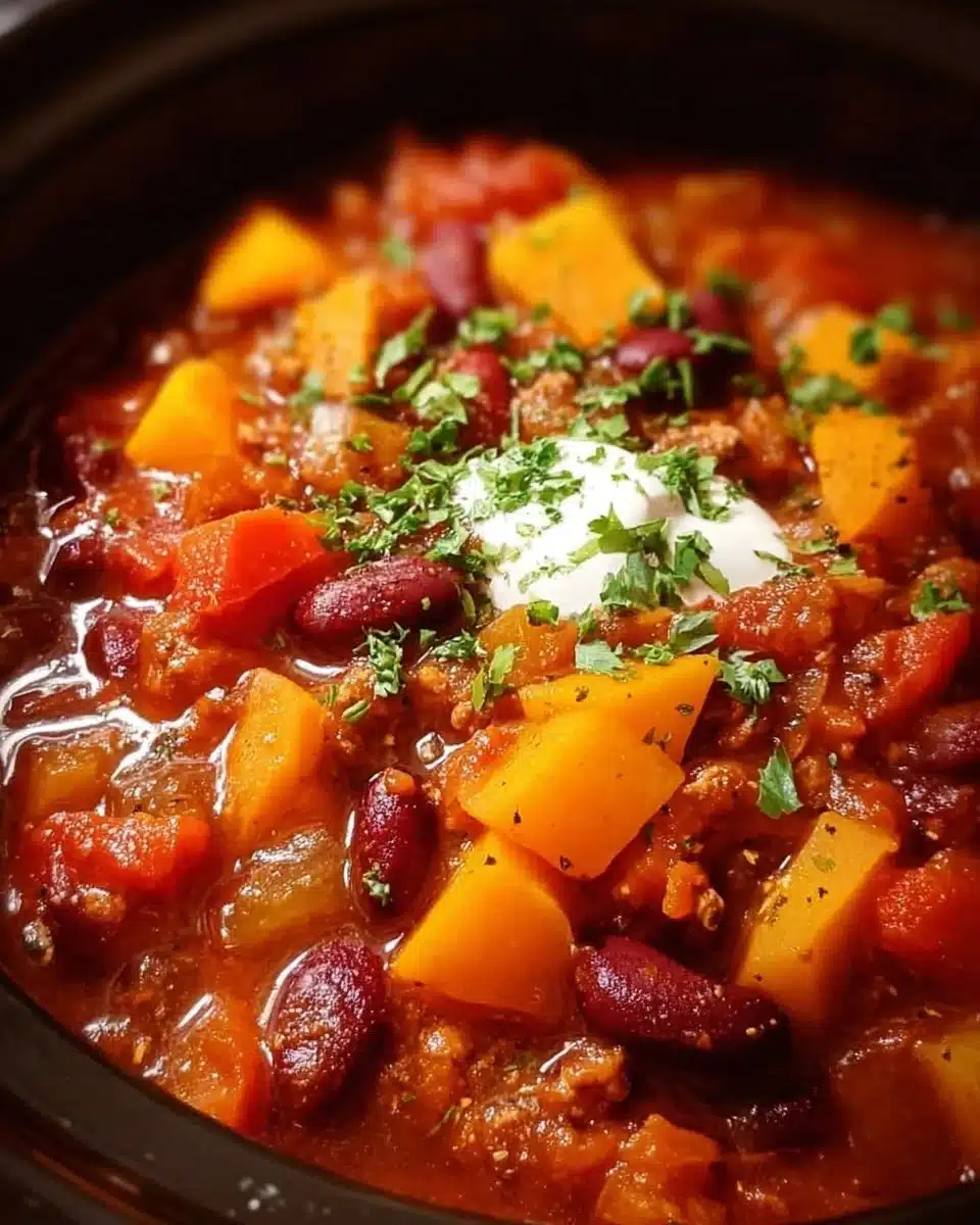 Delicious pumpkin chili simmering in a crockpot