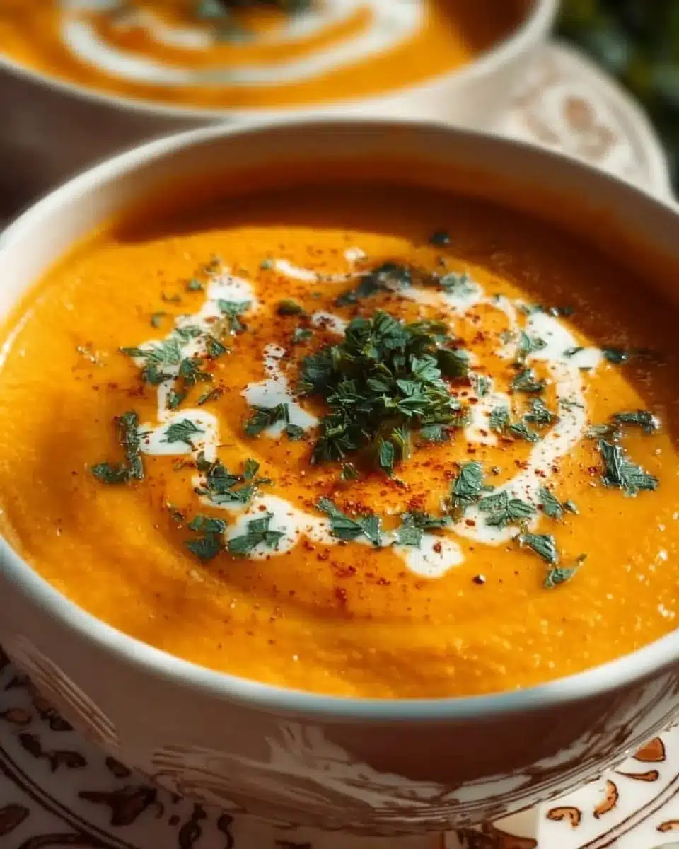 Bowl of creamy pumpkin soup garnished with herbs and spices