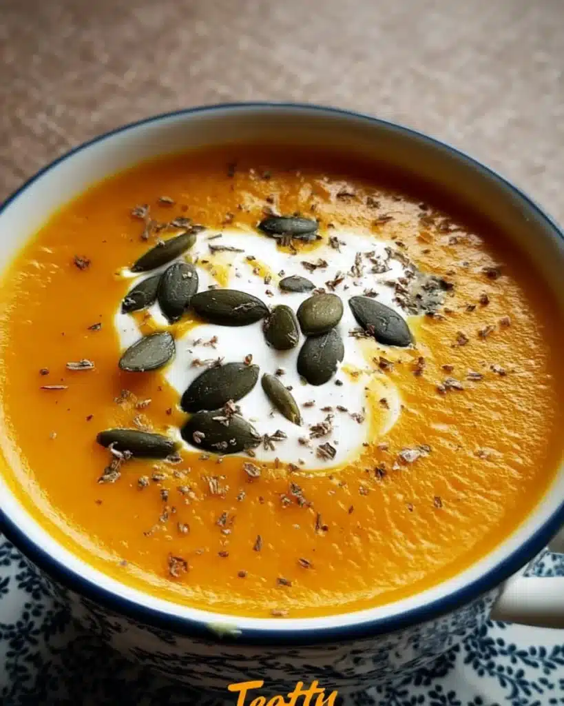 Bowl of creamy pumpkin soup garnished with spices and herbs