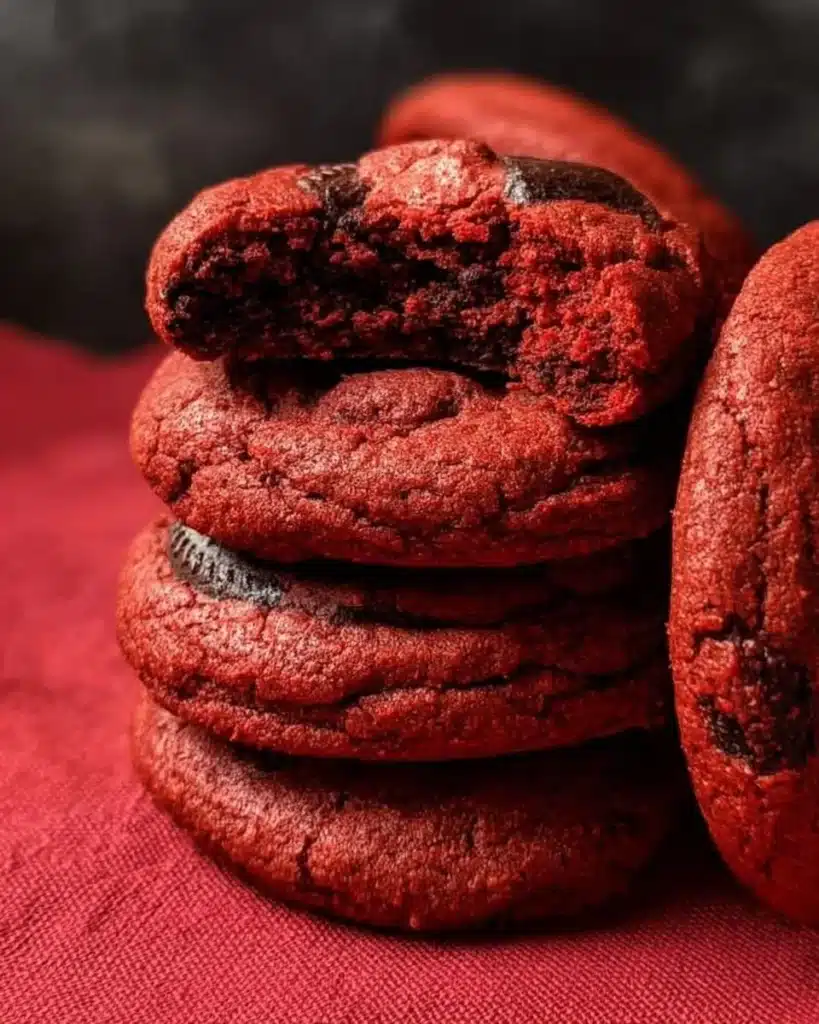 Freshly baked Red Velvet Oreo cookies with cream filling on a plate