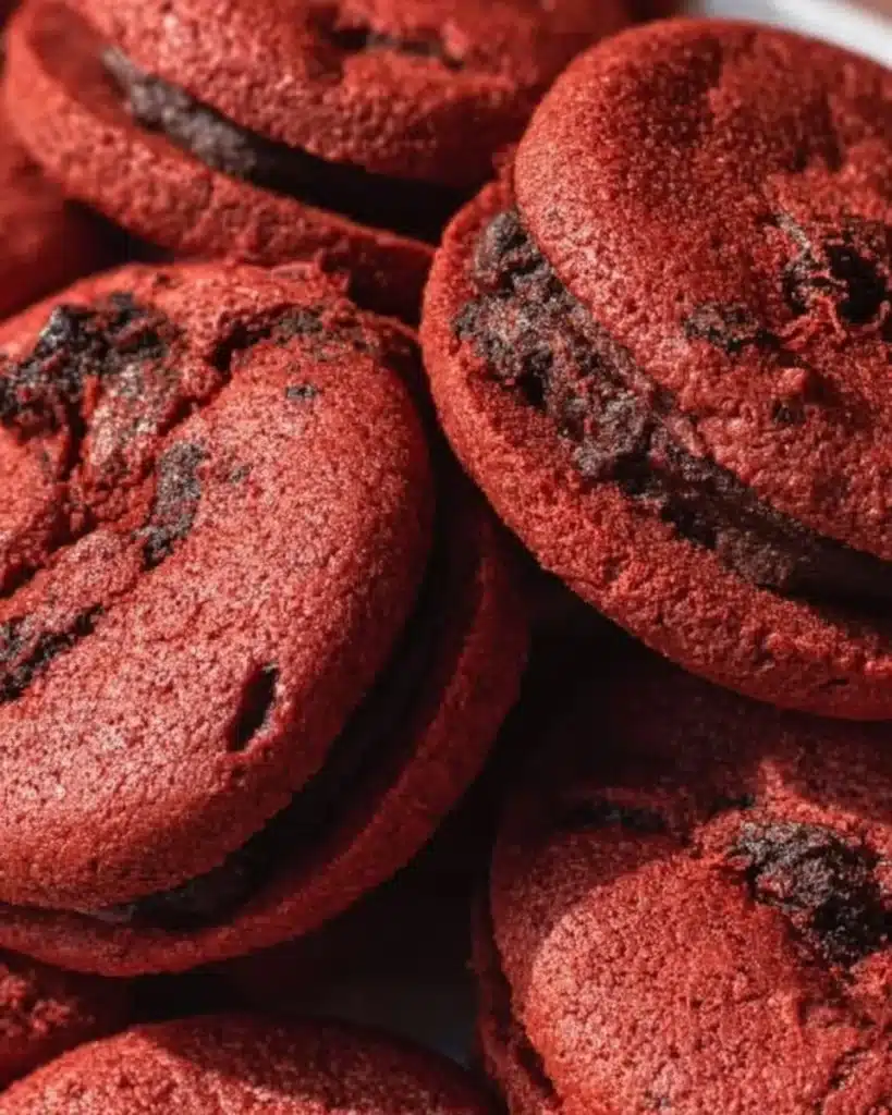 Delicious Red Velvet Oreo Cookies on a rustic wooden table