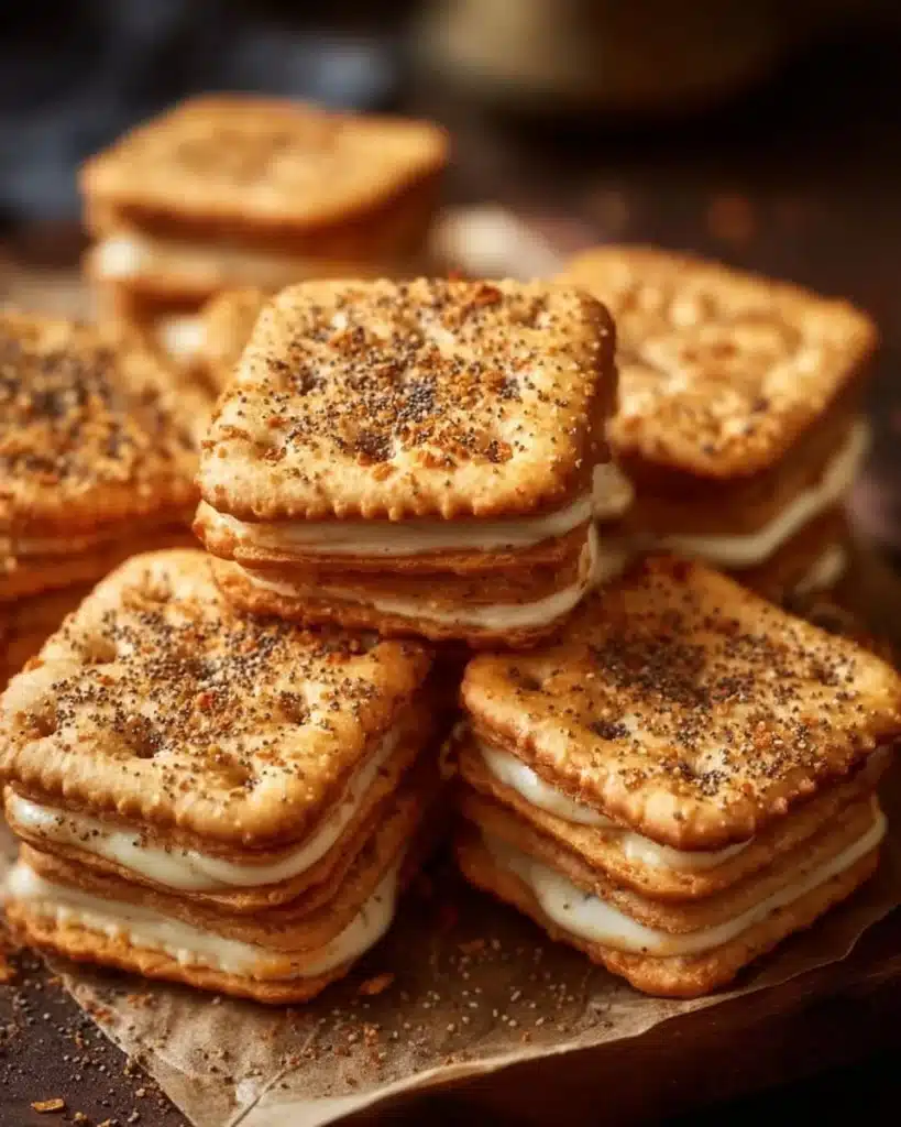 A platter of Ritz cracker sandwiches with various fillings ready for a party.