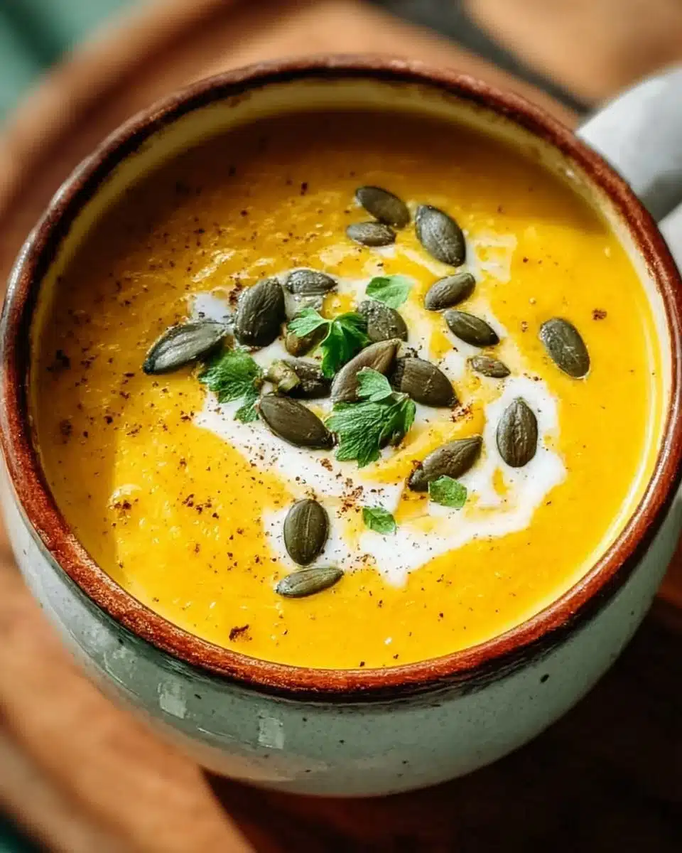 Bowl of roasted pumpkin soup garnished with herbs