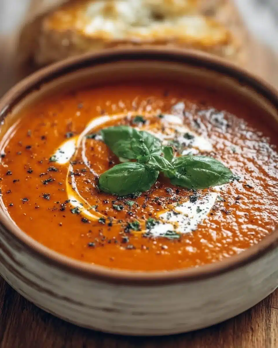 Bowl of rich roasted tomato soup garnished with fresh basil.
