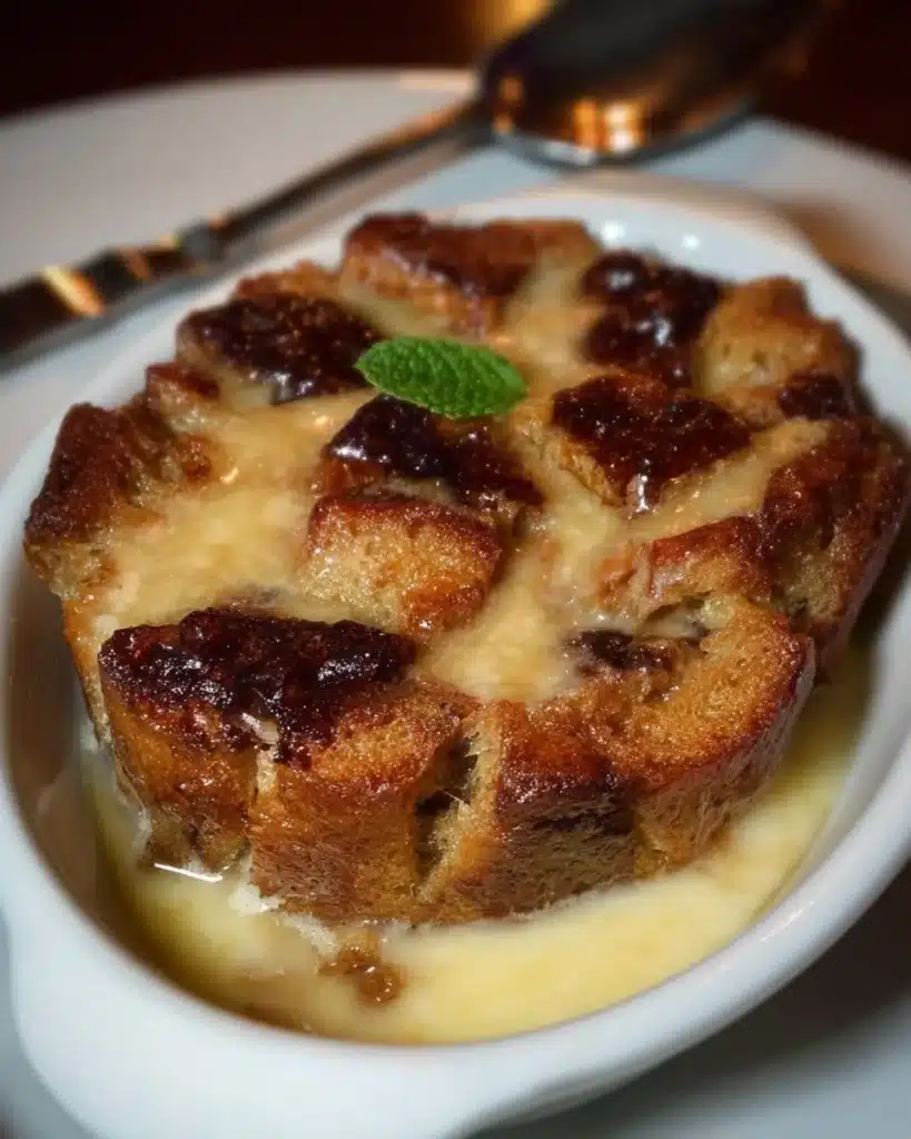 Delicious homemade Ruth's Chris bread pudding served with a drizzle of sauce