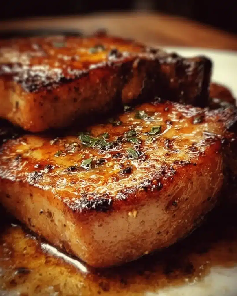 Deliciously cooked bone-in pork chops on a plate garnished with herbs