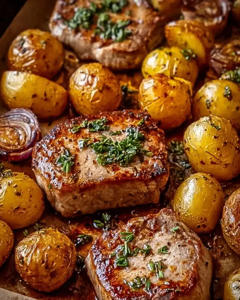 Sheet pan with pork chops and potatoes baked to perfection