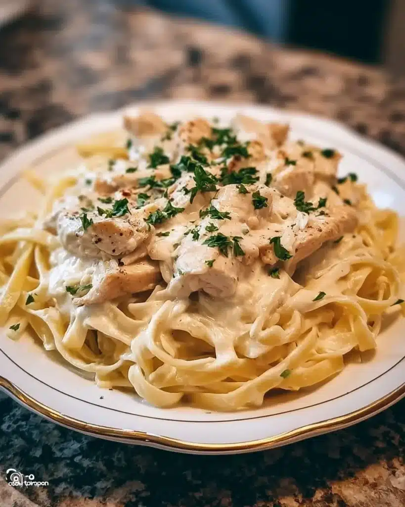 Bowl of creamy Slow Cooker Chicken Alfredo with pasta and herbs