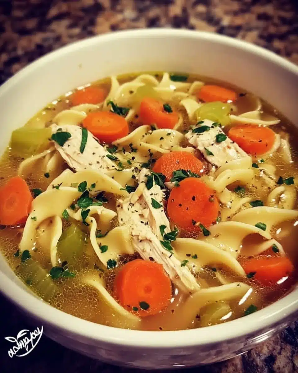 Bowl of slow cooker chicken noodle soup with vegetables and herbs