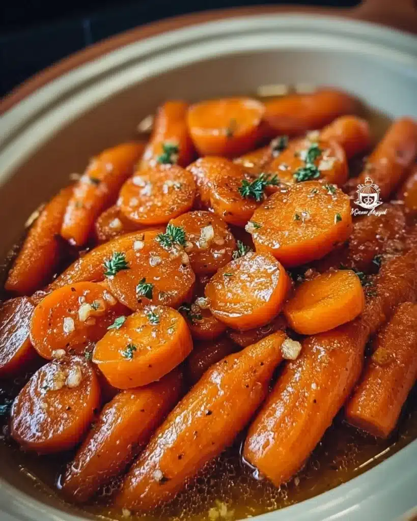 Slow cooker honey glazed carrots in a serving dish