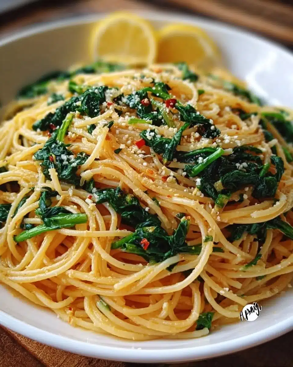 Plate of spaghetti with garlic and spinach, garnished with parmesan cheese.