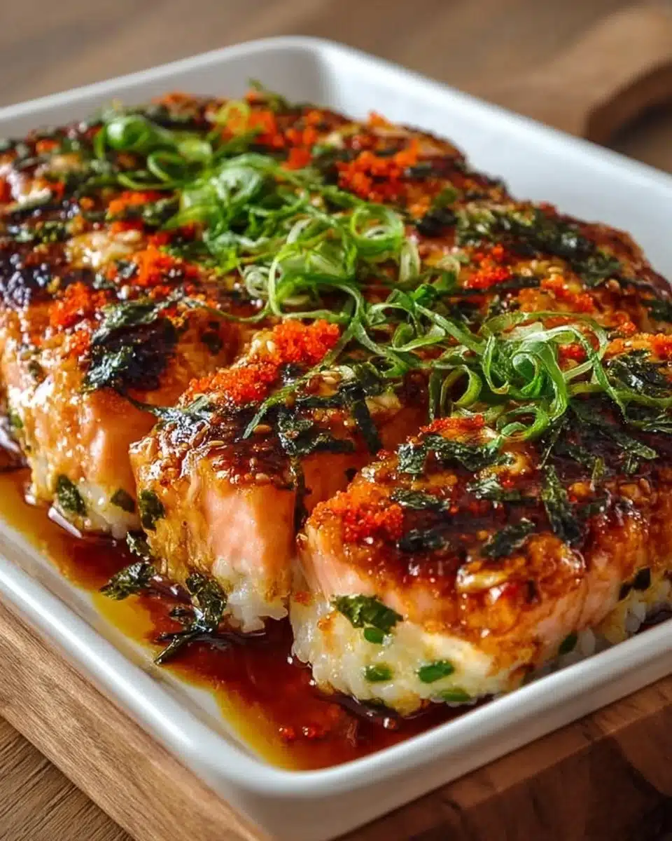 Delicious Spicy Salmon Sushi Bake topped with creamy sauce and ingredients