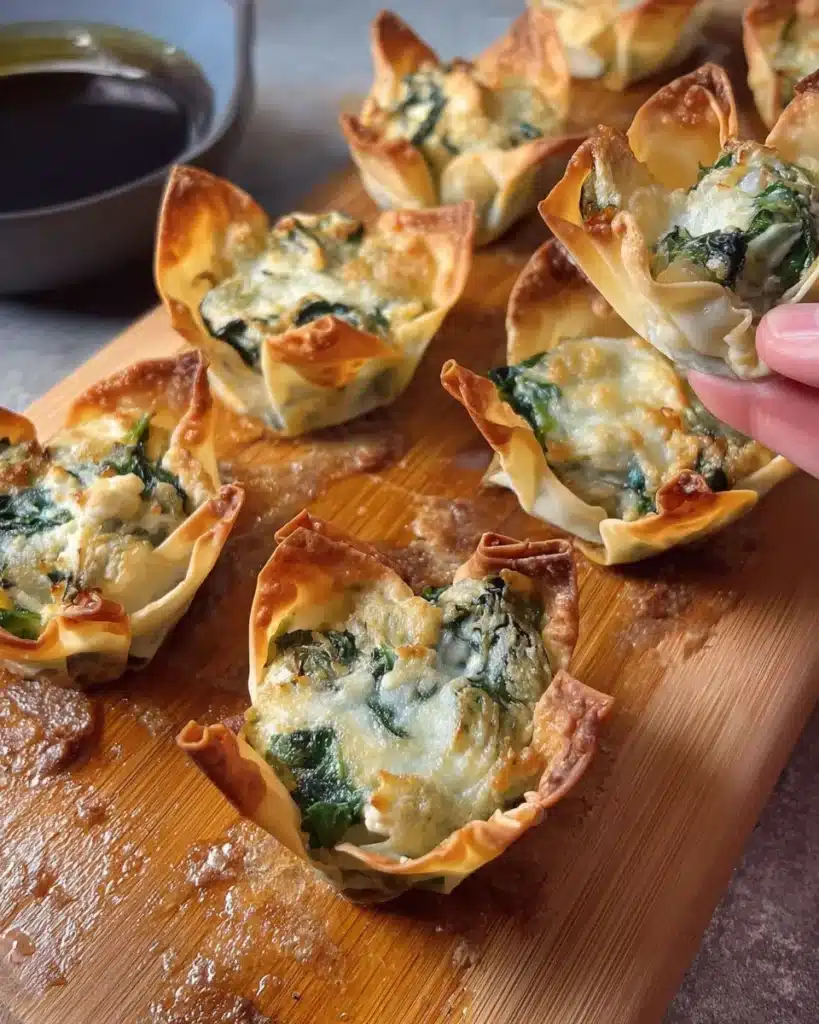 Delicious Spinach Artichoke Wonton Cups served on a platter