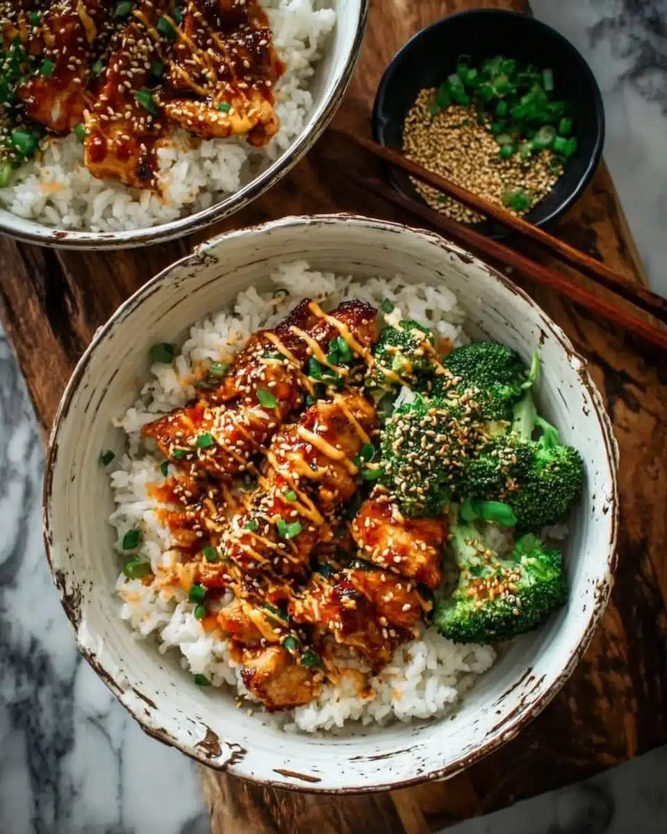 Delicious sticky chicken rice bowls topped with garnishes and herbs